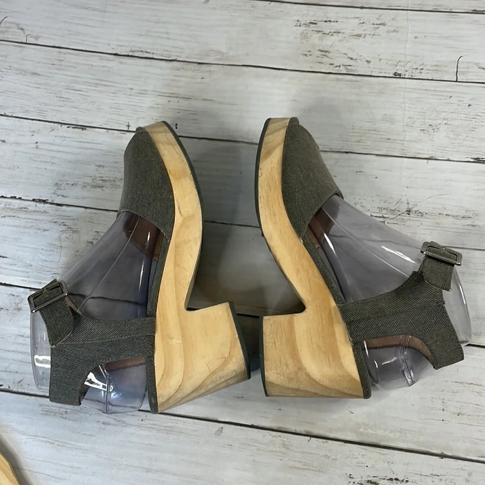 Kelsi Dagger Brooklyn Gray Denim Wooden Platform Heel Sandals